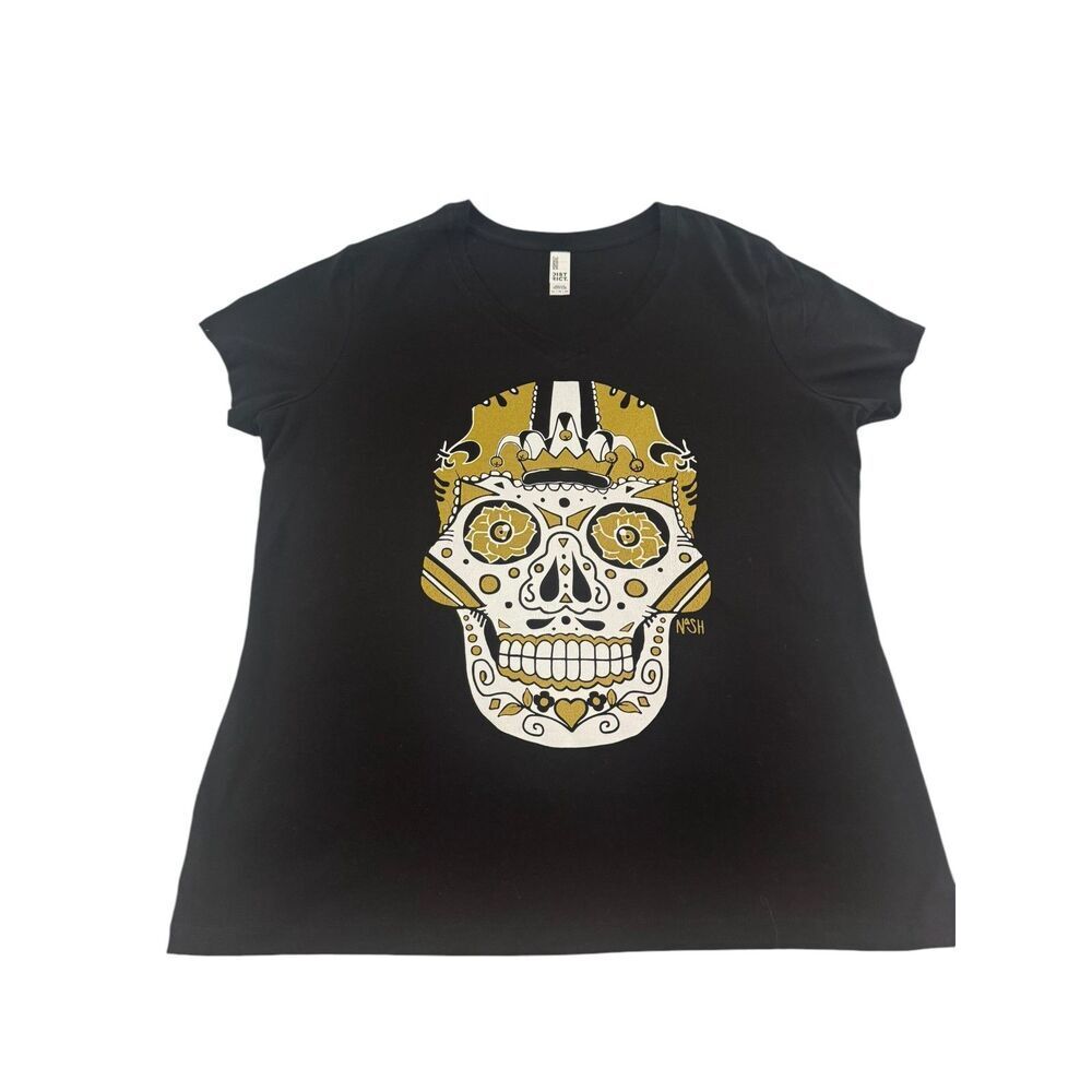 DISTRICT Women's T-Shirt Black and Gold Sugar Skull Halloween Saints XL